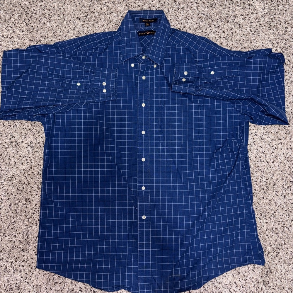 Vintage 90s Tommy Hilfiger Navy Blue Windowpane Plaid Button Up